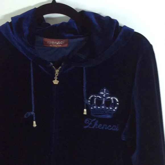 zhencai Blue Velvet Full Zippered Hoodie Size XL - Picture 1 of 14